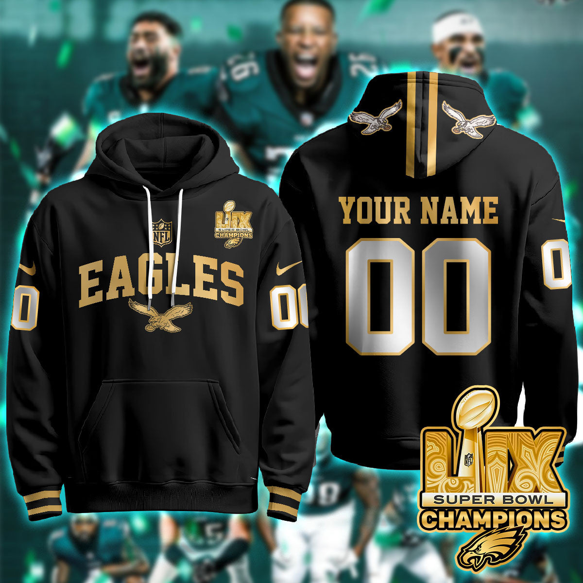 PHI Super Bowl LIX Champions Gold Hoodie N2r