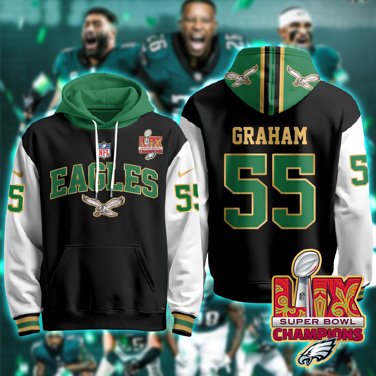PHI Super Bowl LIX Champions Gold Hoodie N2R - Stitched