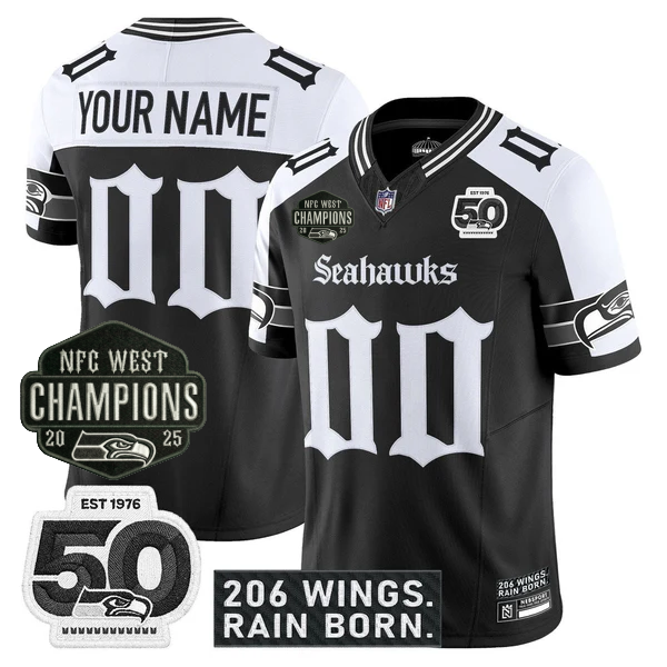 Custom SEA 2026 NFC West Champions 'Gothic Rain City Shadows Edition' Jersey - 50th Anniversary Patch - Stitched