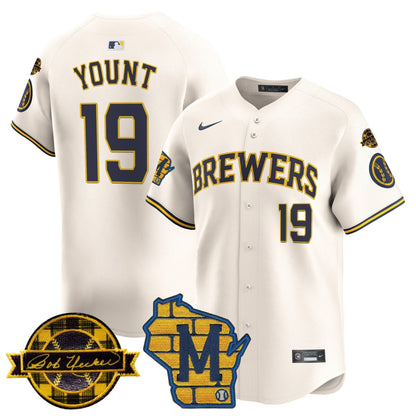 Men's Milwaukee Brewers Home & Bob Uecker Patch Vapor Premier Limited Jersey - All Stitched