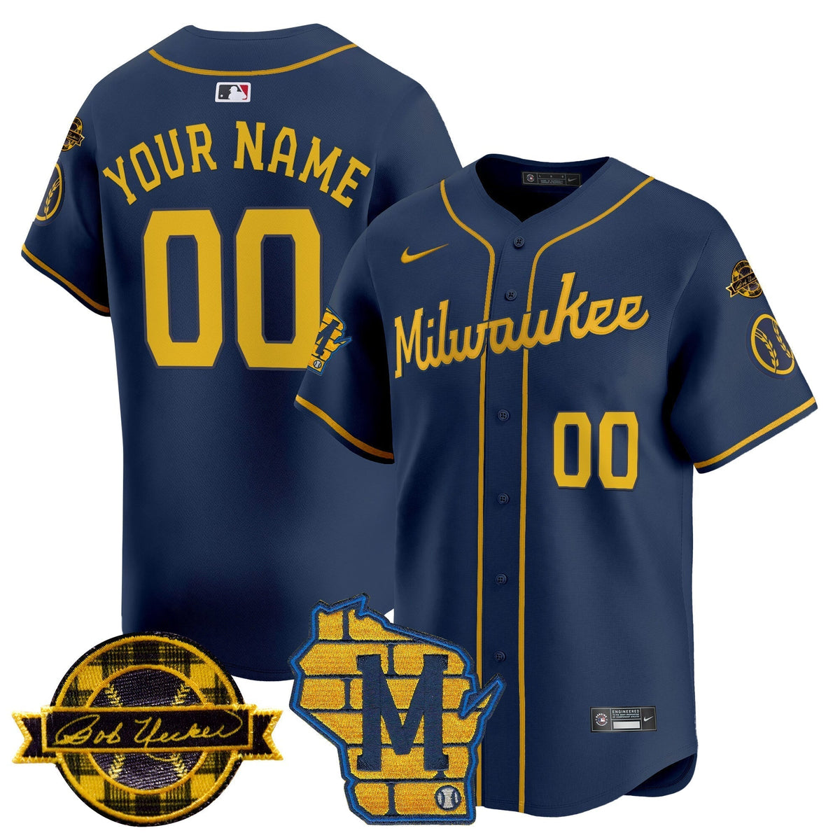 Milwaukee Brewers Home & Bob Uecker Patch Vapor Premier Limited Custom Jersey - All Stitched