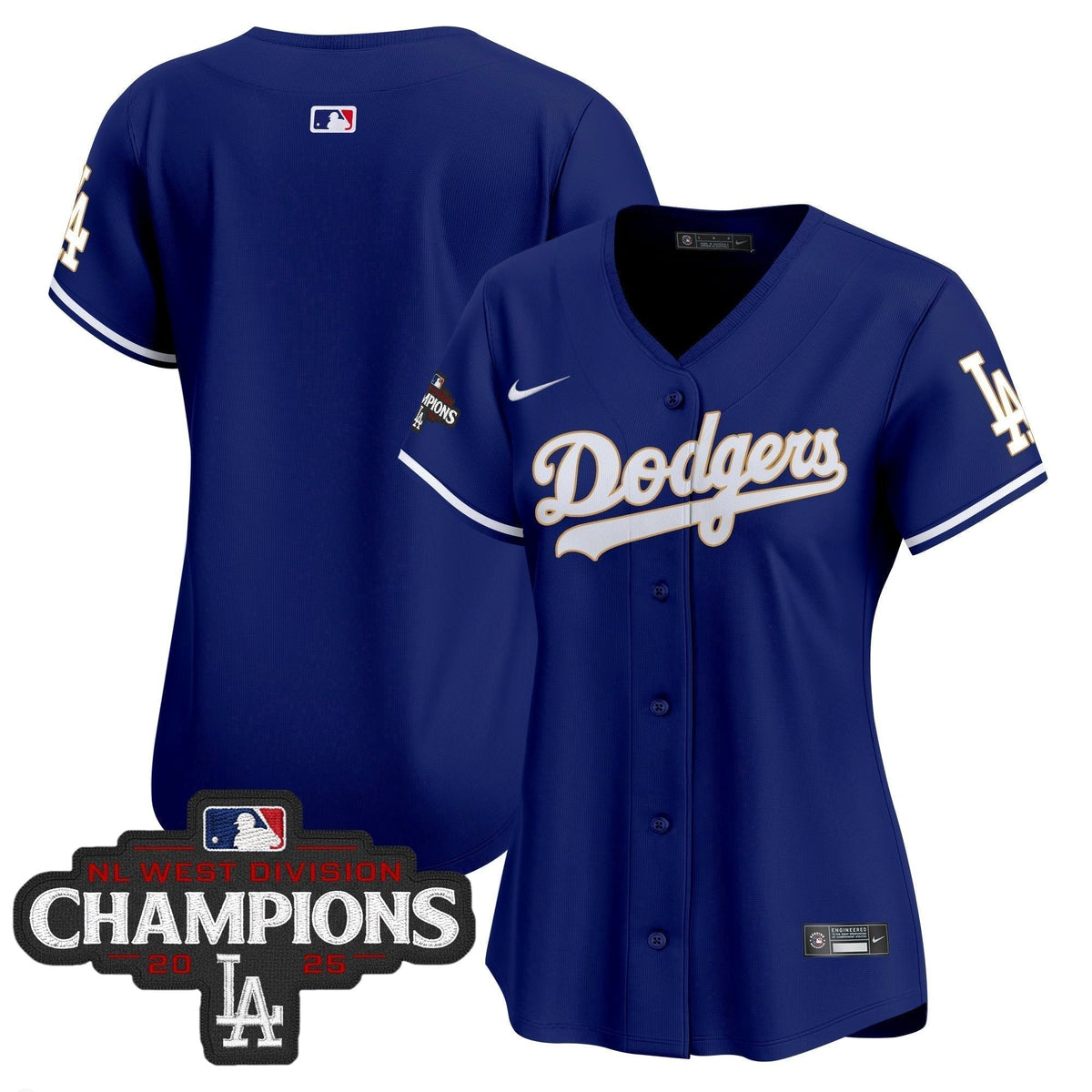 Women's Dodgers 2025 NL West Division Champions Patch Gold Trim Vapor Premier Limited Jersey - All Stitched