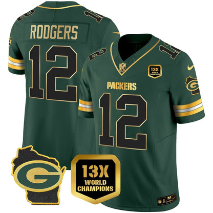 Green Bay Packers 13x Time World Champions Patch Gold Limited Jersey – All Stitched