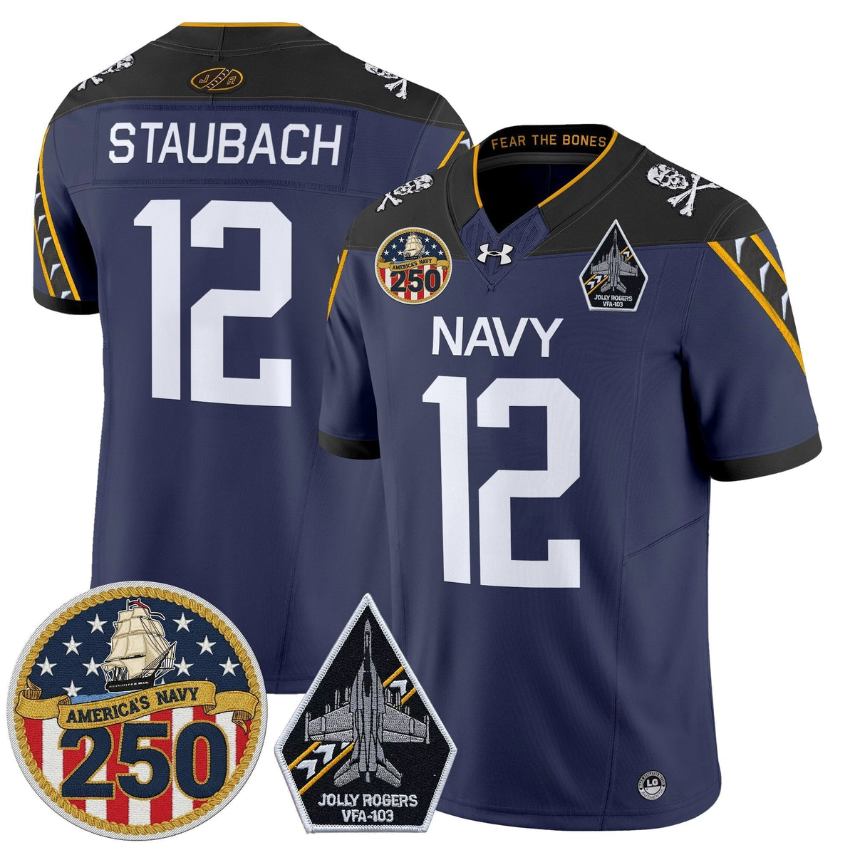 Men's Navy Midshipmen 'Jolly Rogers Edition' Vapor Limited Jersey - 250th Anniversary Patch - All Stitched