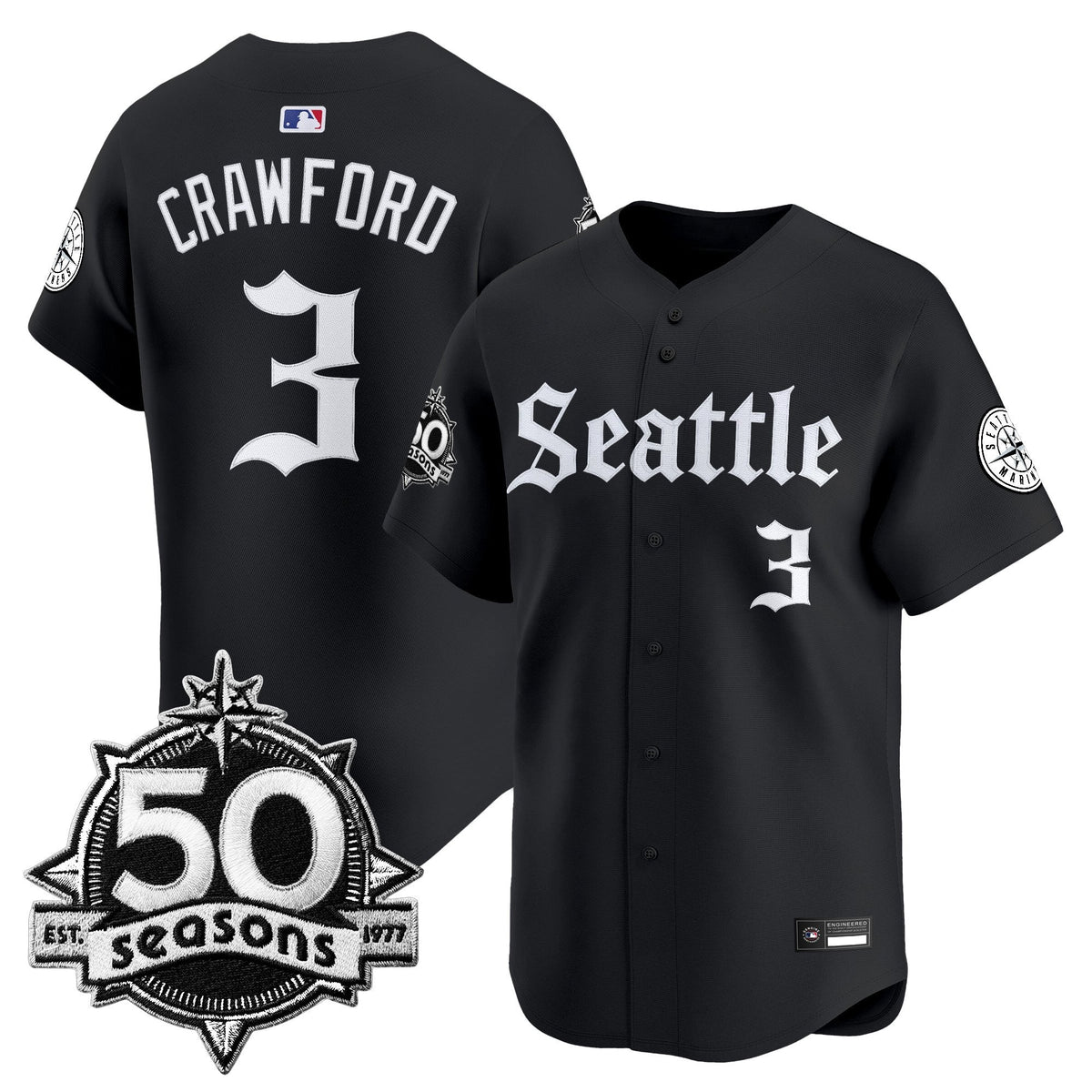 Men's Seattle Mariners 50 Seasons Patch Vapor Premier Limited Jersey - Gothic Edition - All Stitched