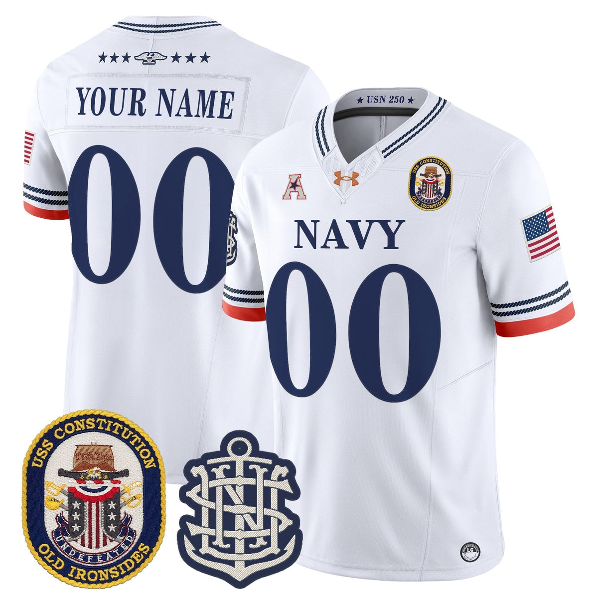 Navy Midshipmen 250th Anniversary Vapor Limited Custom Jersey - USS Constitution Patch - Stitched