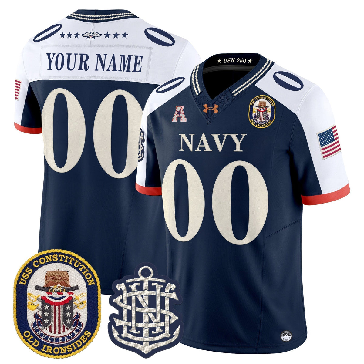 Navy Midshipmen 250th Anniversary Vapor Limited Custom Jersey - USS Constitution Patch - Stitched
