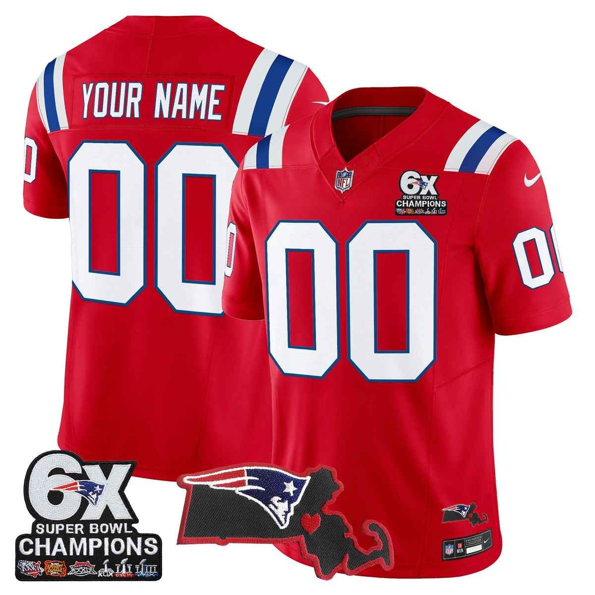 New England Patriots 6-Time Champions & Massachusetts Patch Vapor Limited Custom Jersey - All Stitched