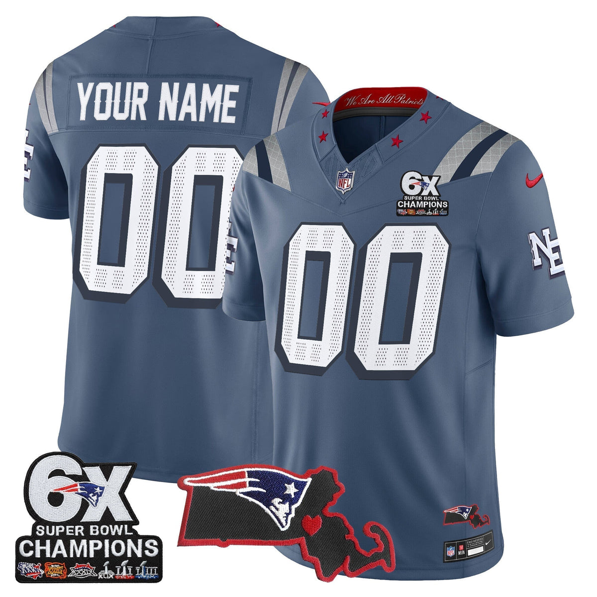 New England Patriots 6-Time Champions & Massachusetts Patch Vapor Limited Custom Jersey - All Stitched