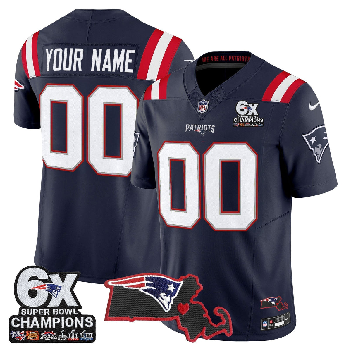 New England Patriots 6-Time Champions & Massachusetts Patch Vapor Limited Custom Jersey - All Stitched