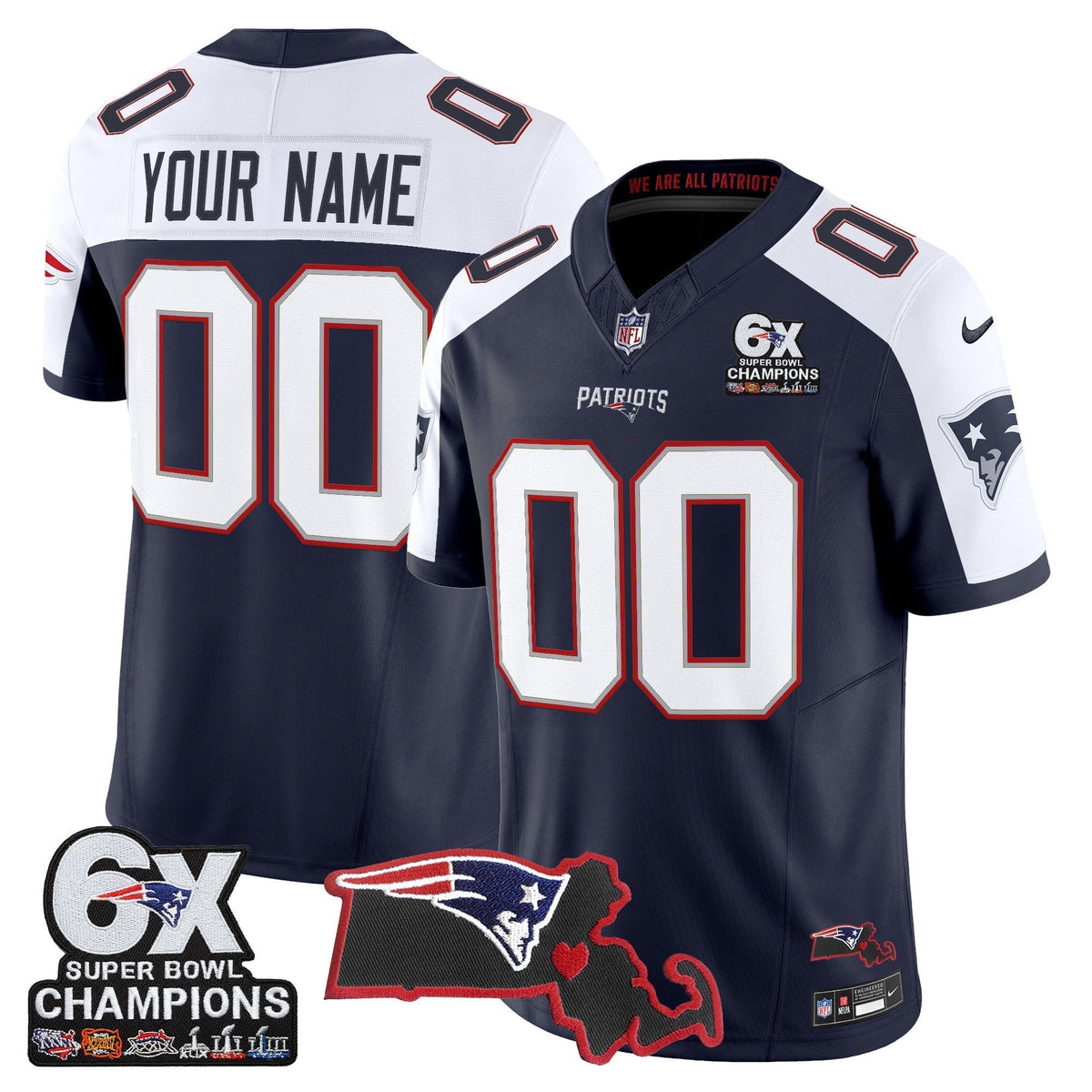 New England Patriots 6-Time Champions & Massachusetts Patch Vapor Limited Custom Jersey - All Stitched
