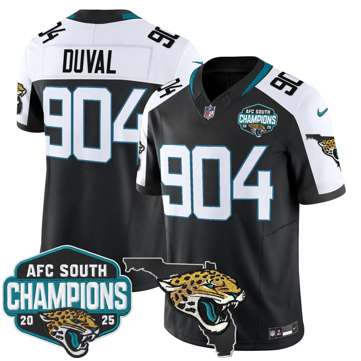 Men's Jacksonville Jaguars 2025 AFC South Division Champions & Florida Patch Vapor Jersey - All Stitched