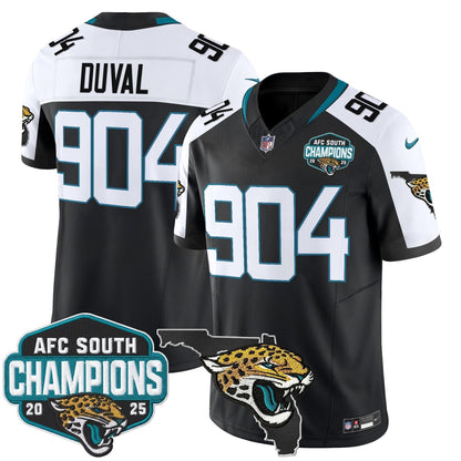 Men's Jacksonville Jaguars 2025 AFC South Division Champions & Florida Patch Vapor Jersey - All Stitched