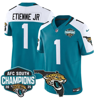 Men's Jacksonville Jaguars 2025 AFC South Division Champions & Florida Patch Vapor Jersey - All Stitched