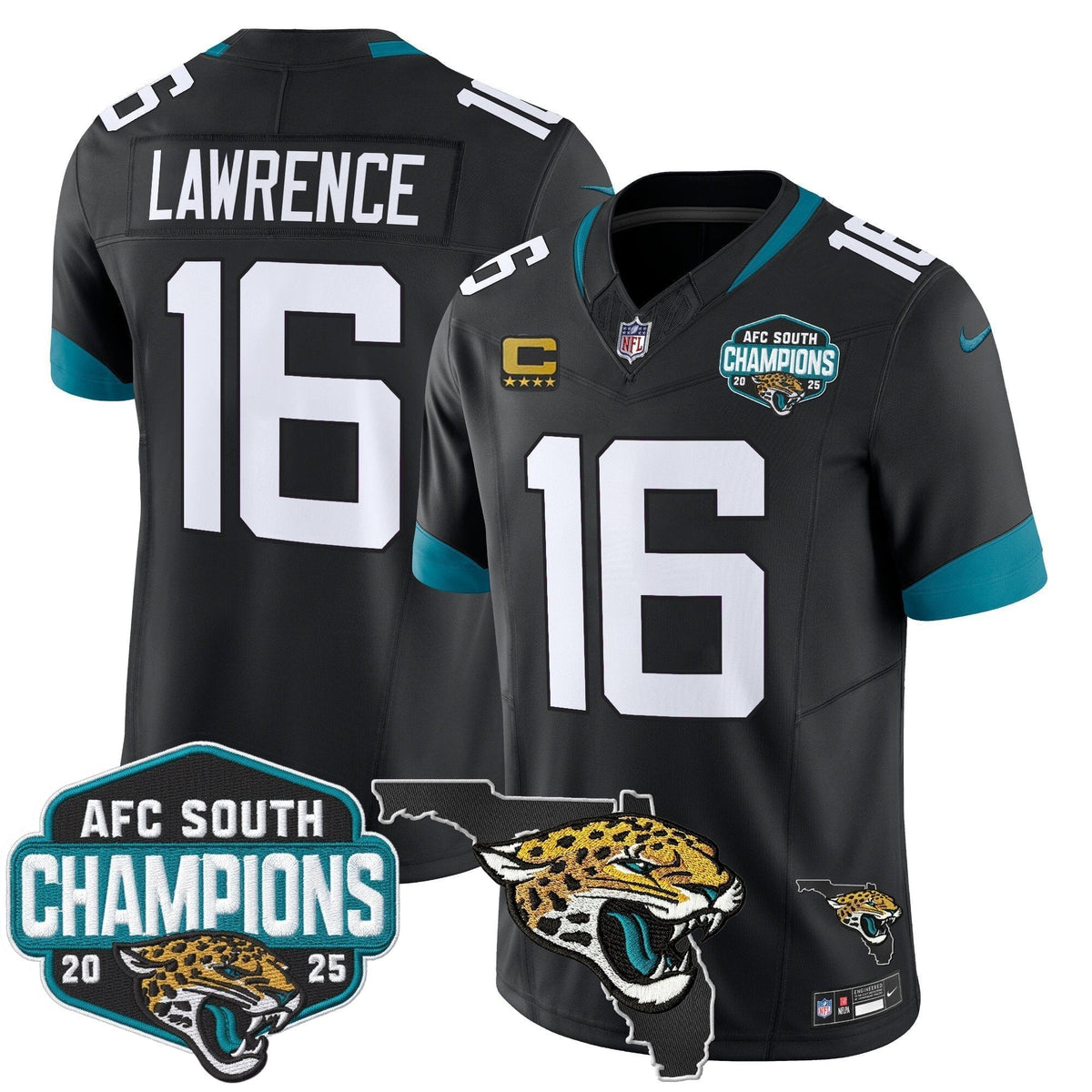 Men's Jacksonville Jaguars 2025 AFC South Division Champions & Florida Patch Vapor Jersey - All Stitched