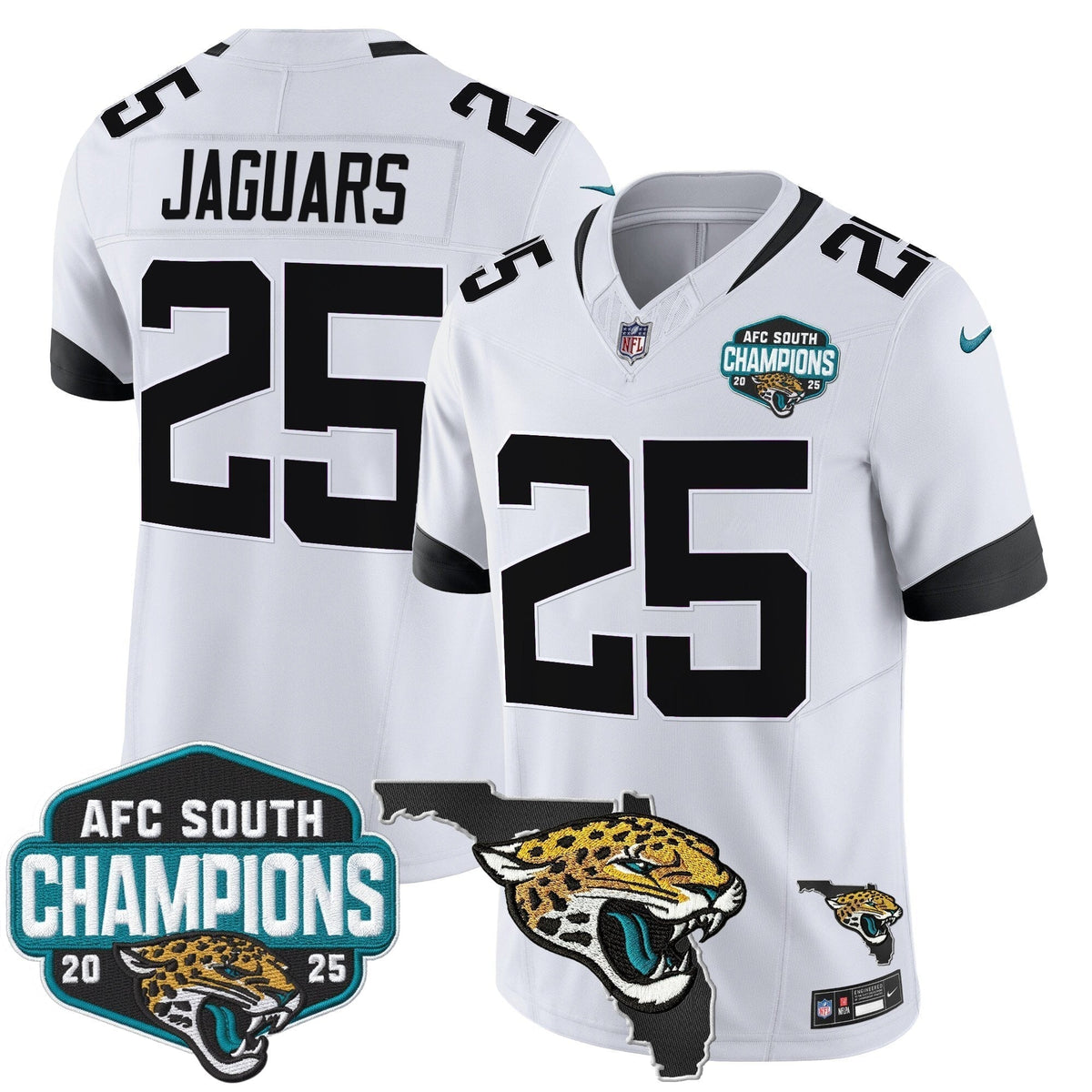 Men's Jacksonville Jaguars 2025 AFC South Division Champions & Florida Patch Vapor Jersey - All Stitched