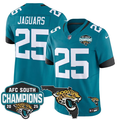 Men's Jacksonville Jaguars 2025 AFC South Division Champions & Florida Patch Vapor Jersey - All Stitched
