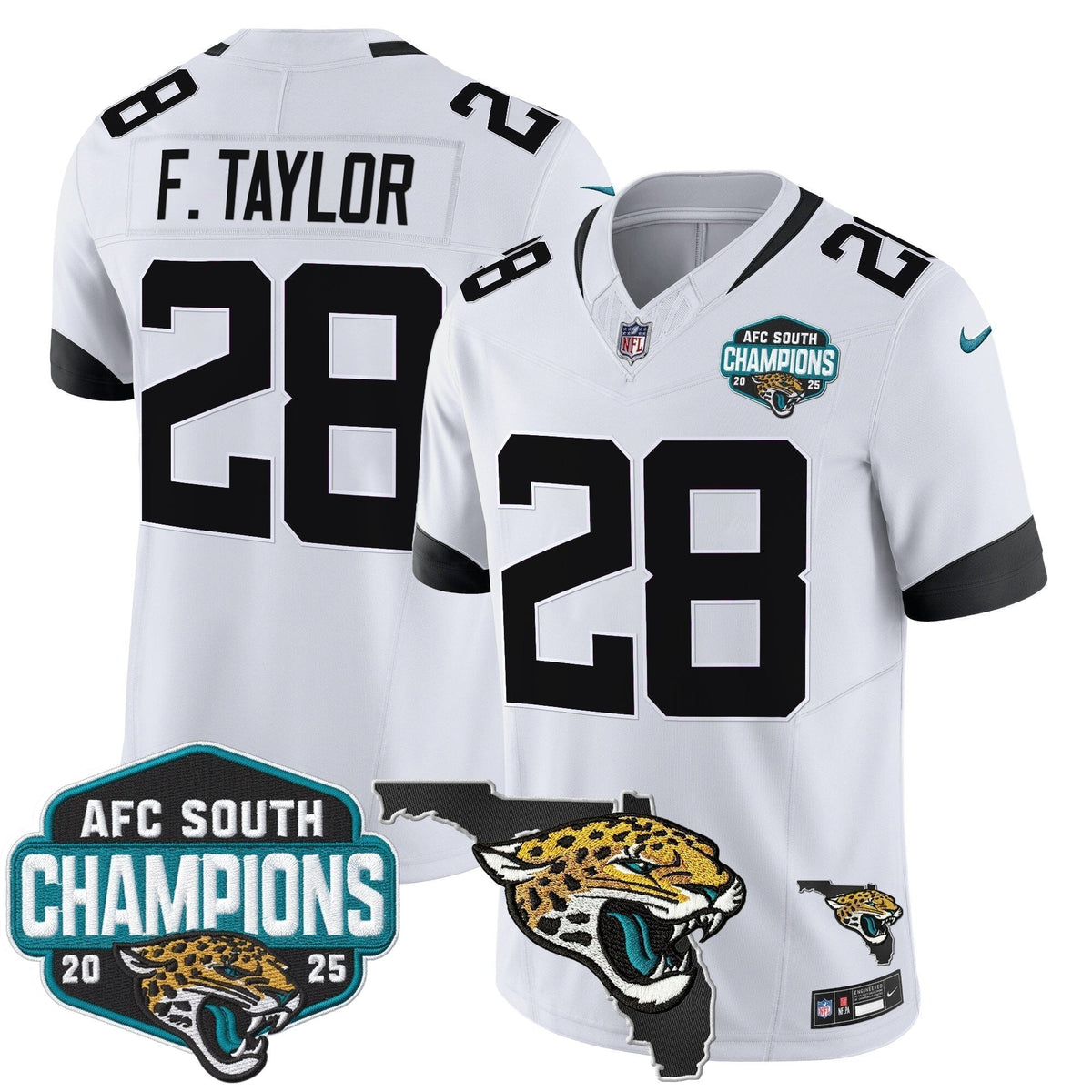 Men's Jacksonville Jaguars 2025 AFC South Division Champions & Florida Patch Vapor Jersey - All Stitched