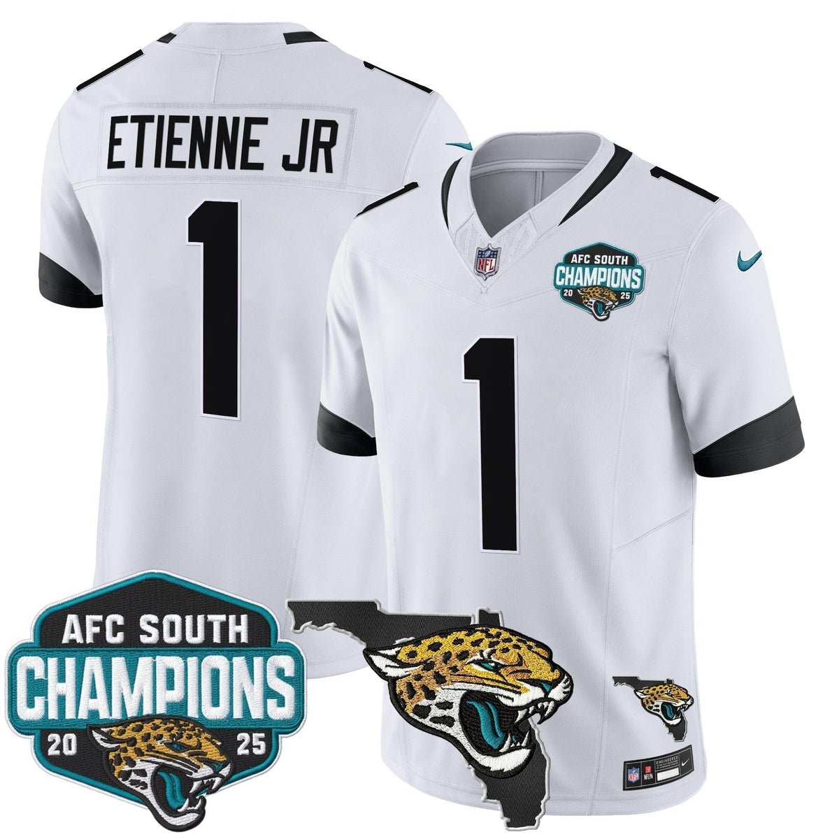 Men's Jacksonville Jaguars 2025 AFC South Division Champions & Florida Patch Vapor Jersey - All Stitched