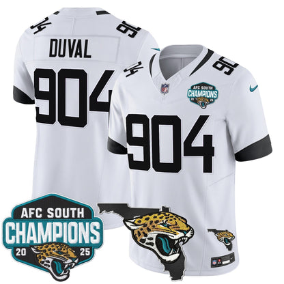 Men's Jacksonville Jaguars 2025 AFC South Division Champions & Florida Patch Vapor Jersey - All Stitched