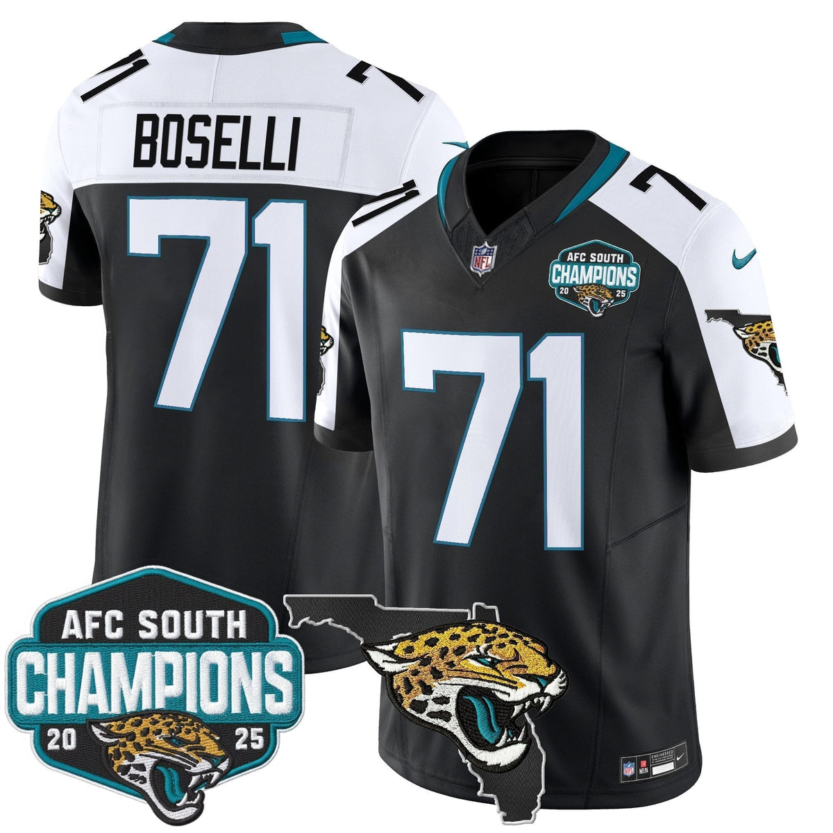 Men's Jacksonville Jaguars 2025 AFC South Division Champions & Florida Patch Vapor Jersey - All Stitched