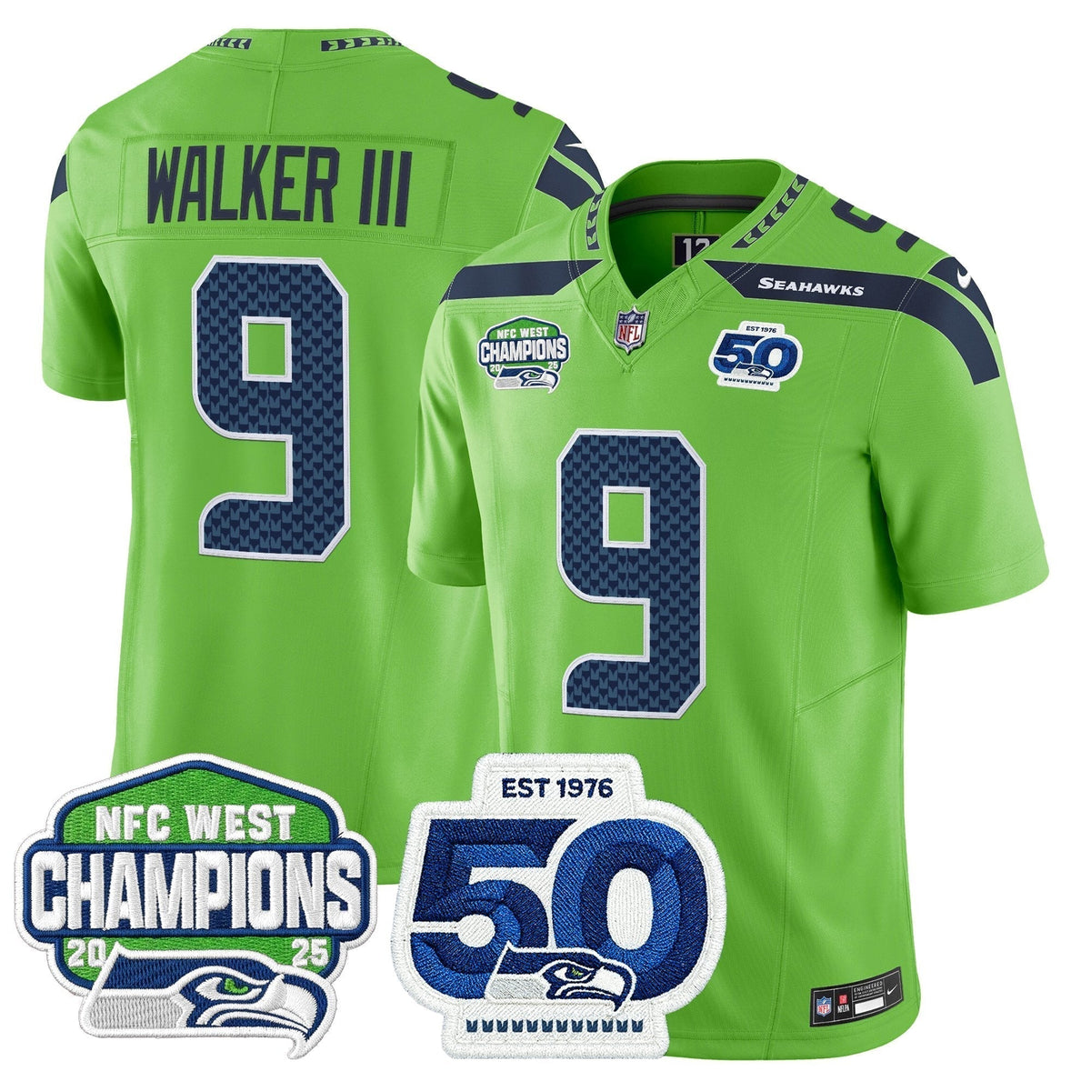 Men's Seattle Seahawks 2025 NFC West Division Champions & 50th Anniversary Patch Vapor Limited Jersey - All Stitched