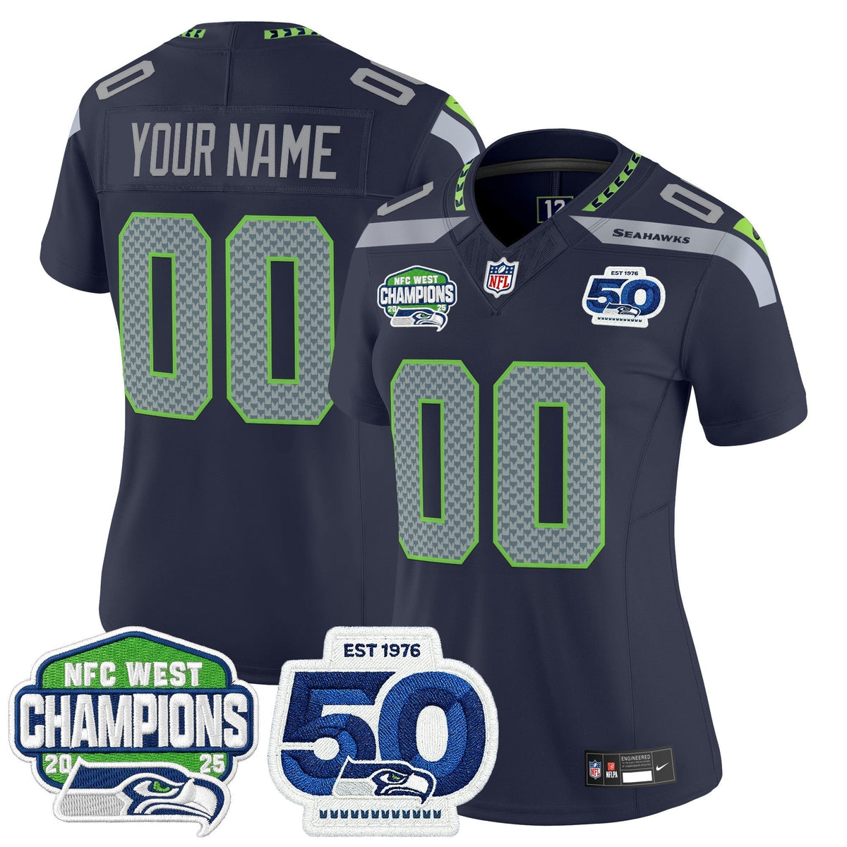 Seattle Seahawks 2025 NFC West Division Champions & 50th Anniversary Patch Vapor Limited Custom Jersey - All Stitched