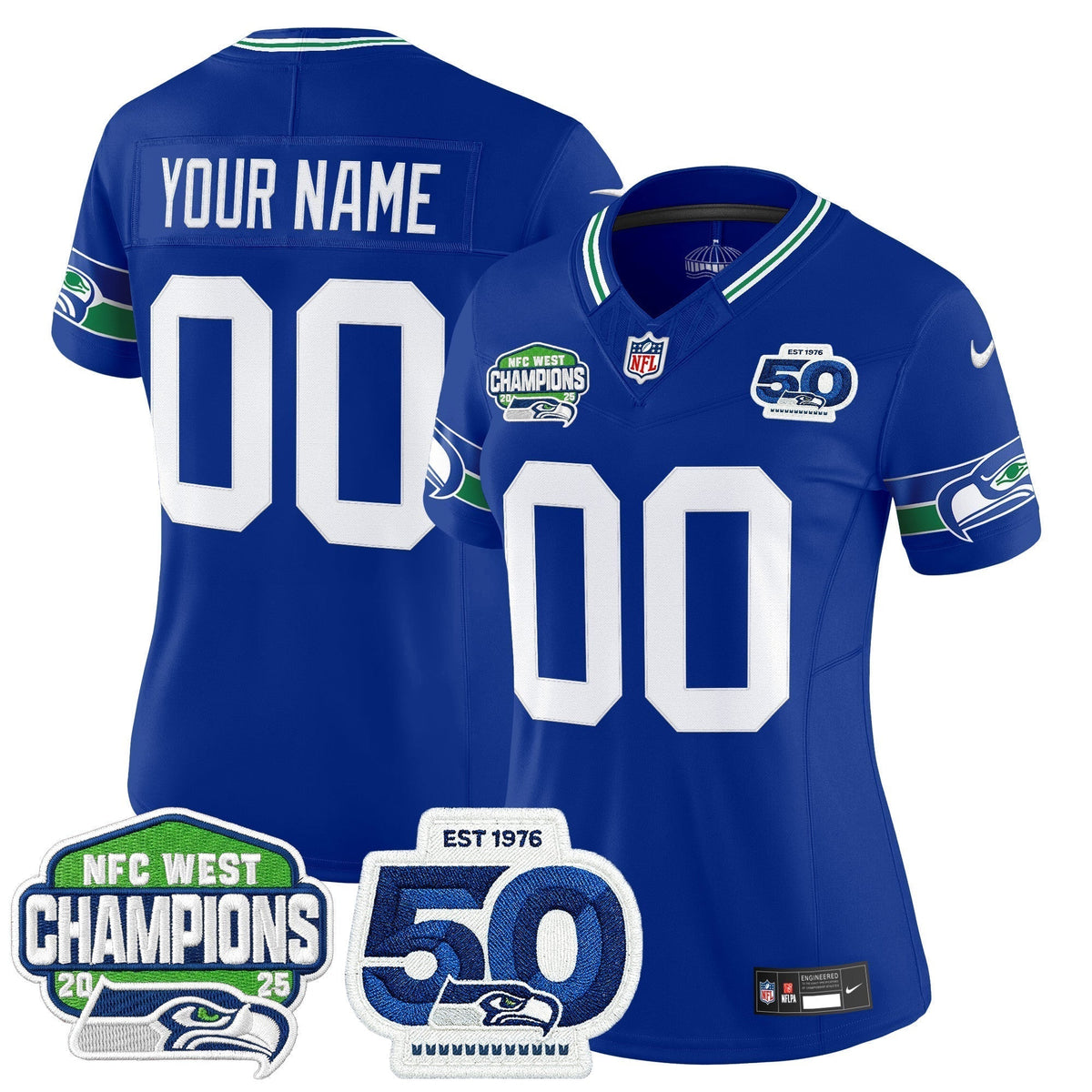 Seattle Seahawks 2025 NFC West Division Champions & 50th Anniversary Patch Vapor Limited Custom Jersey - All Stitched