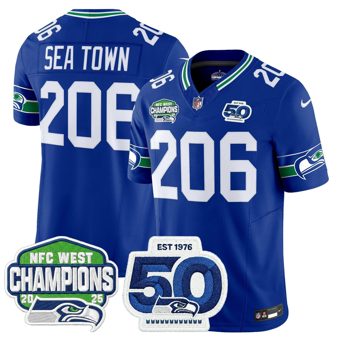 Men's Seattle Seahawks 2025 NFC West Division Champions & 50th Anniversary Patch Vapor Limited Jersey - All Stitched
