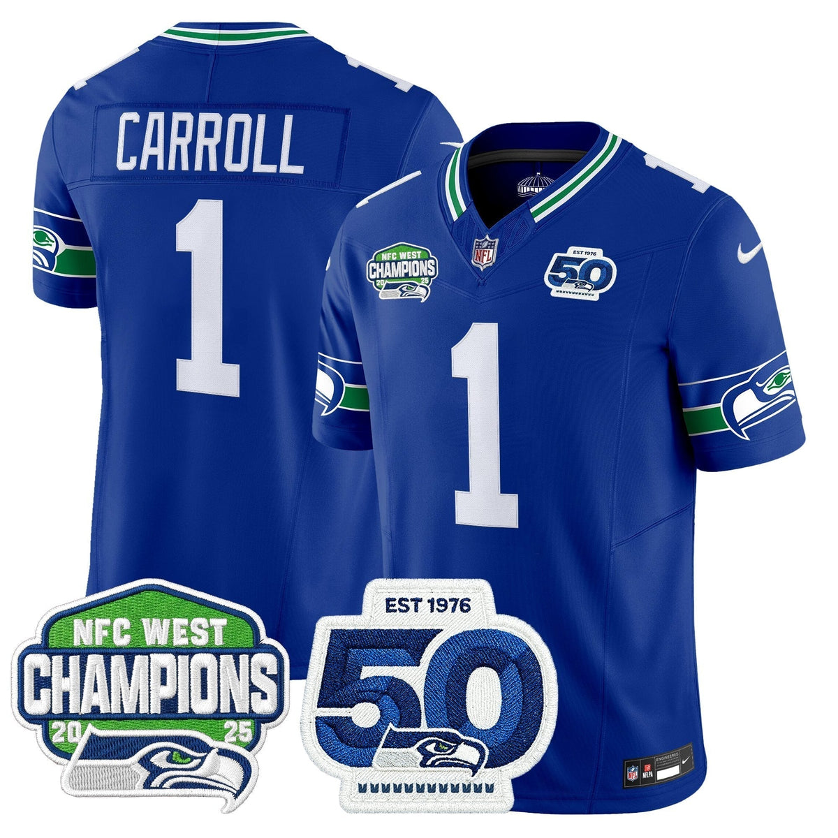 Men's Seattle Seahawks 2025 NFC West Division Champions & 50th Anniversary Patch Vapor Limited Jersey - All Stitched