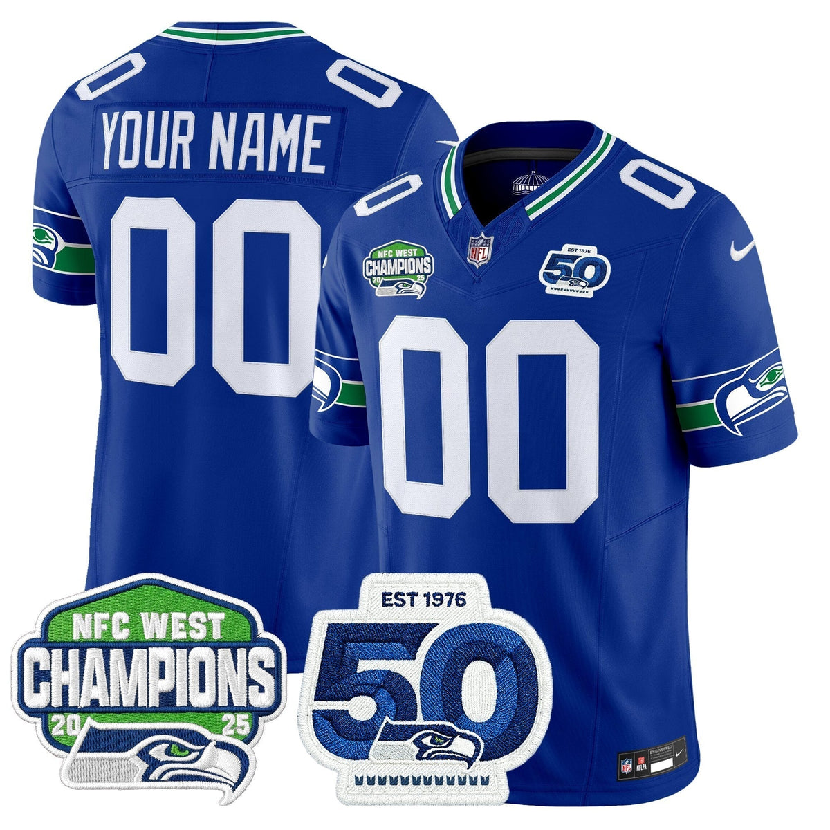 Seattle Seahawks 2025 NFC West Division Champions & 50th Anniversary Patch Vapor Limited Custom Jersey - All Stitched