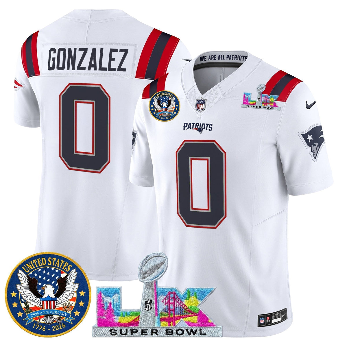 Men's New England Patriots "Super Bowl LX & United States 250th Patch" Vapor Limited Jersey - All Stitched