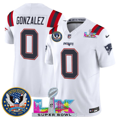 Men's New England Patriots "Super Bowl LX & United States 250th Patch" Vapor Limited Jersey - All Stitched