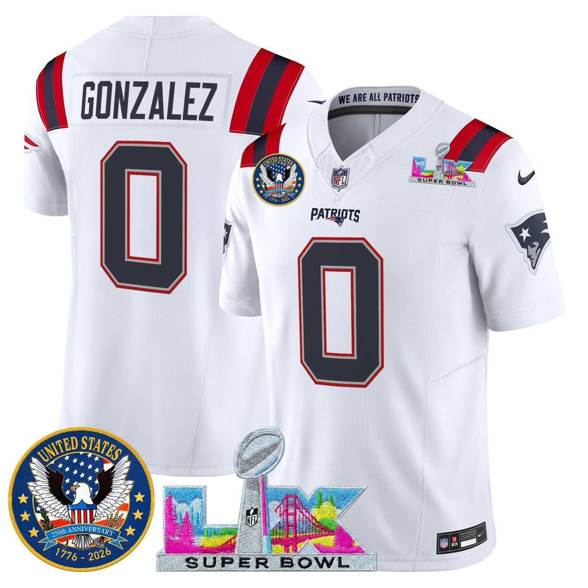 Men's New England Patriots "Super Bowl LX & United States 250th Patch" Vapor Limited Jersey - All Stitched