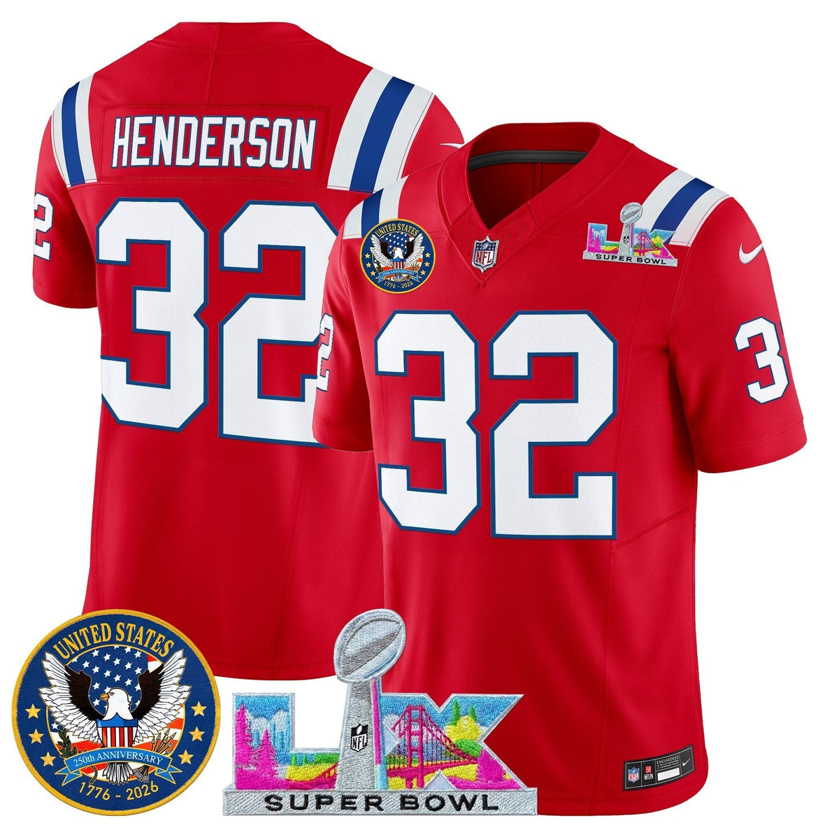Men's New England Patriots "Super Bowl LX & United States 250th Patch" Vapor Limited Jersey - All Stitched