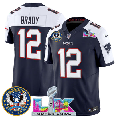 Men's New England Patriots "Super Bowl LX & United States 250th Patch" Vapor Limited Jersey - All Stitched