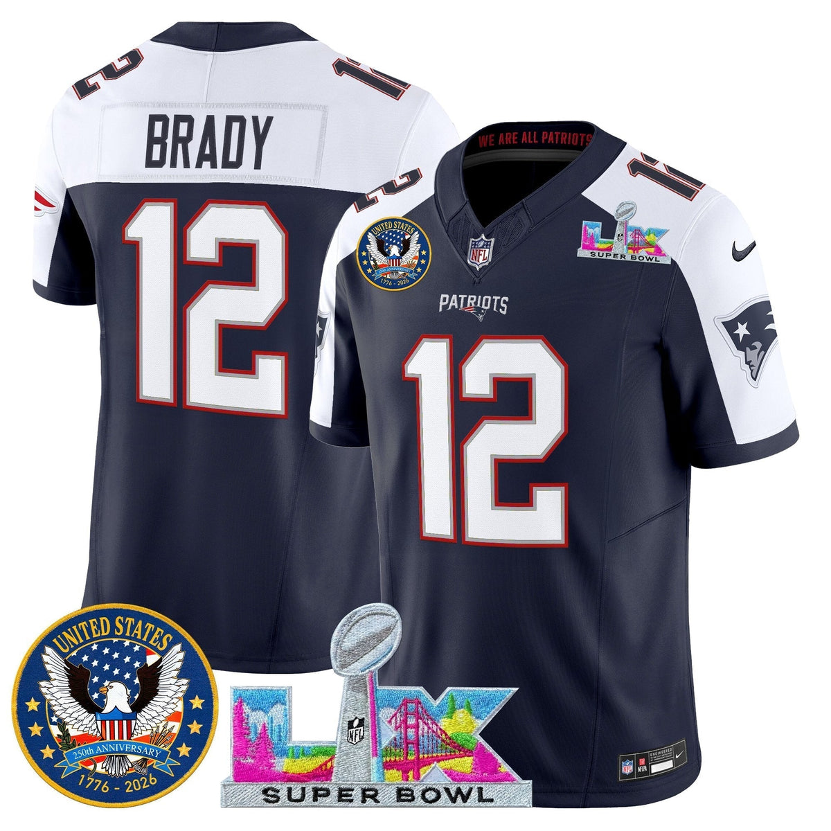 Men's New England Patriots "Super Bowl LX & United States 250th Patch" Vapor Limited Jersey - All Stitched
