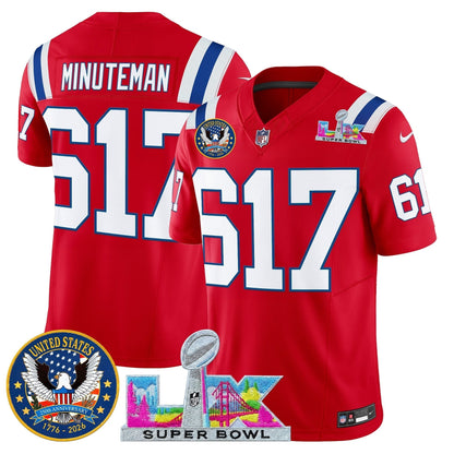 Men's New England Patriots "Super Bowl LX & United States 250th Patch" Vapor Limited Jersey - All Stitched