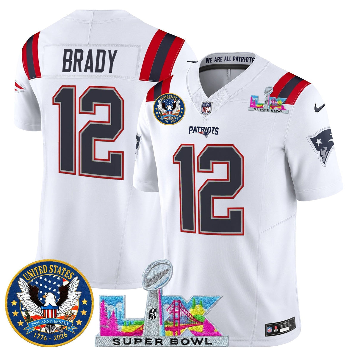 Men's New England Patriots "Super Bowl LX & United States 250th Patch" Vapor Limited Jersey - All Stitched