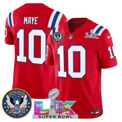 Men's New England Patriots "Super Bowl LX & United States 250th Patch" Vapor Limited Jersey - All Stitched