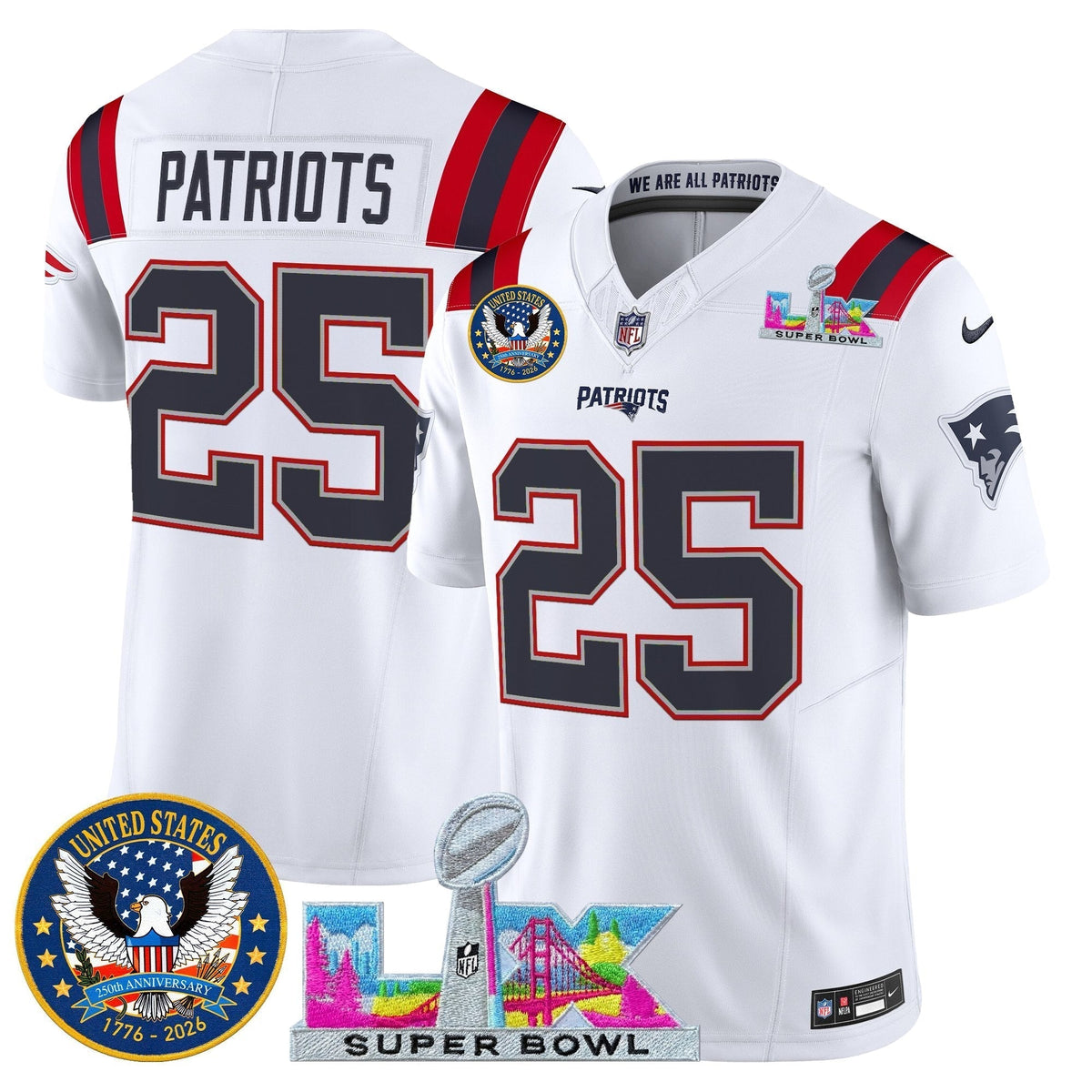 Men's New England Patriots "Super Bowl LX & United States 250th Patch" Vapor Limited Jersey - All Stitched