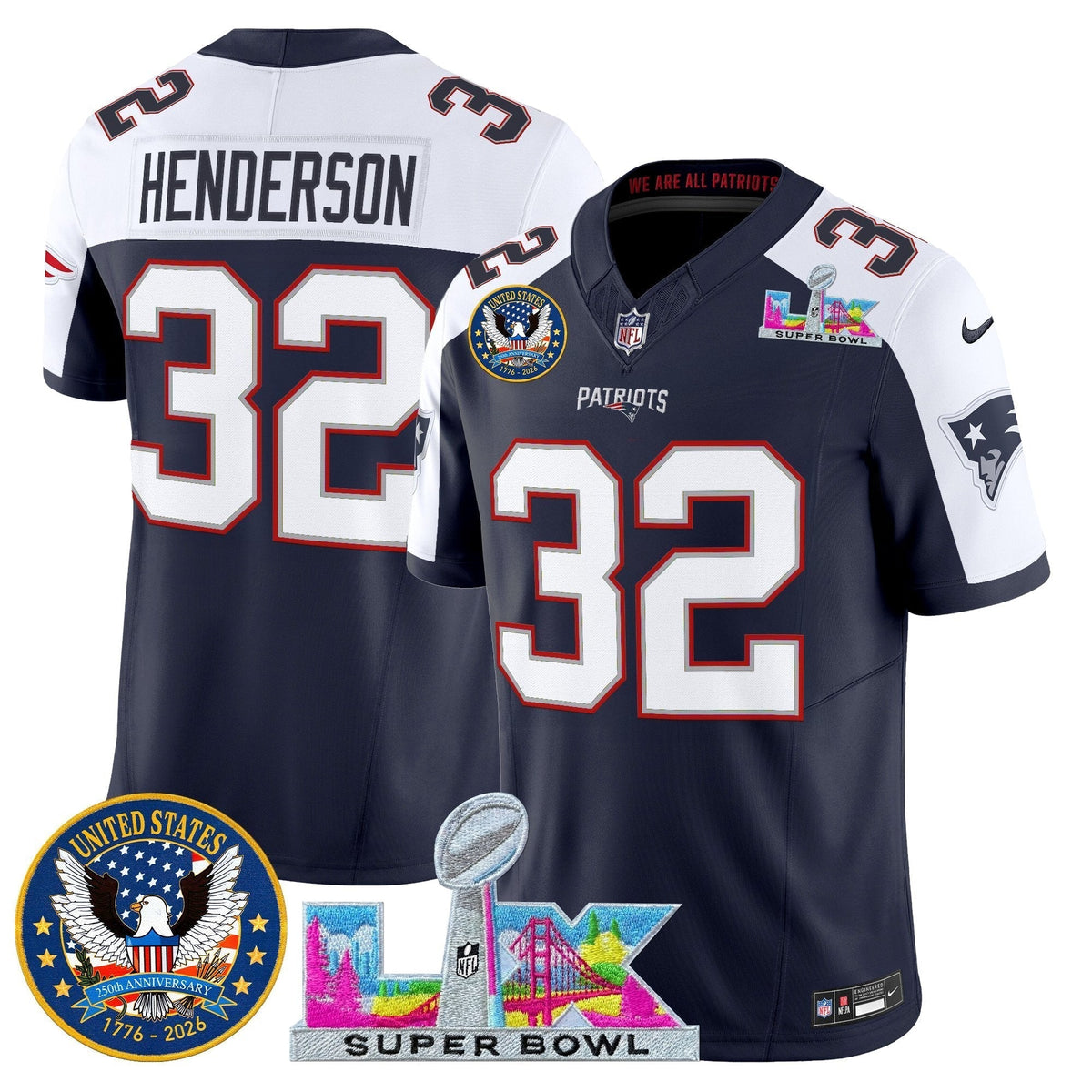 Men's New England Patriots "Super Bowl LX & United States 250th Patch" Vapor Limited Jersey - All Stitched