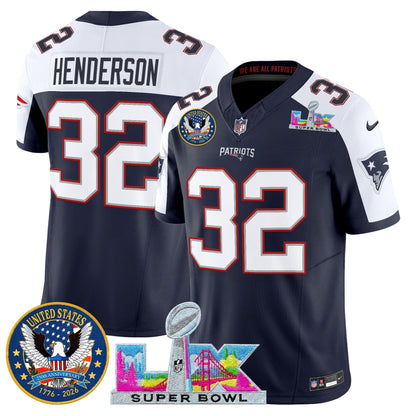Men's New England Patriots "Super Bowl LX & United States 250th Patch" Vapor Limited Jersey - All Stitched
