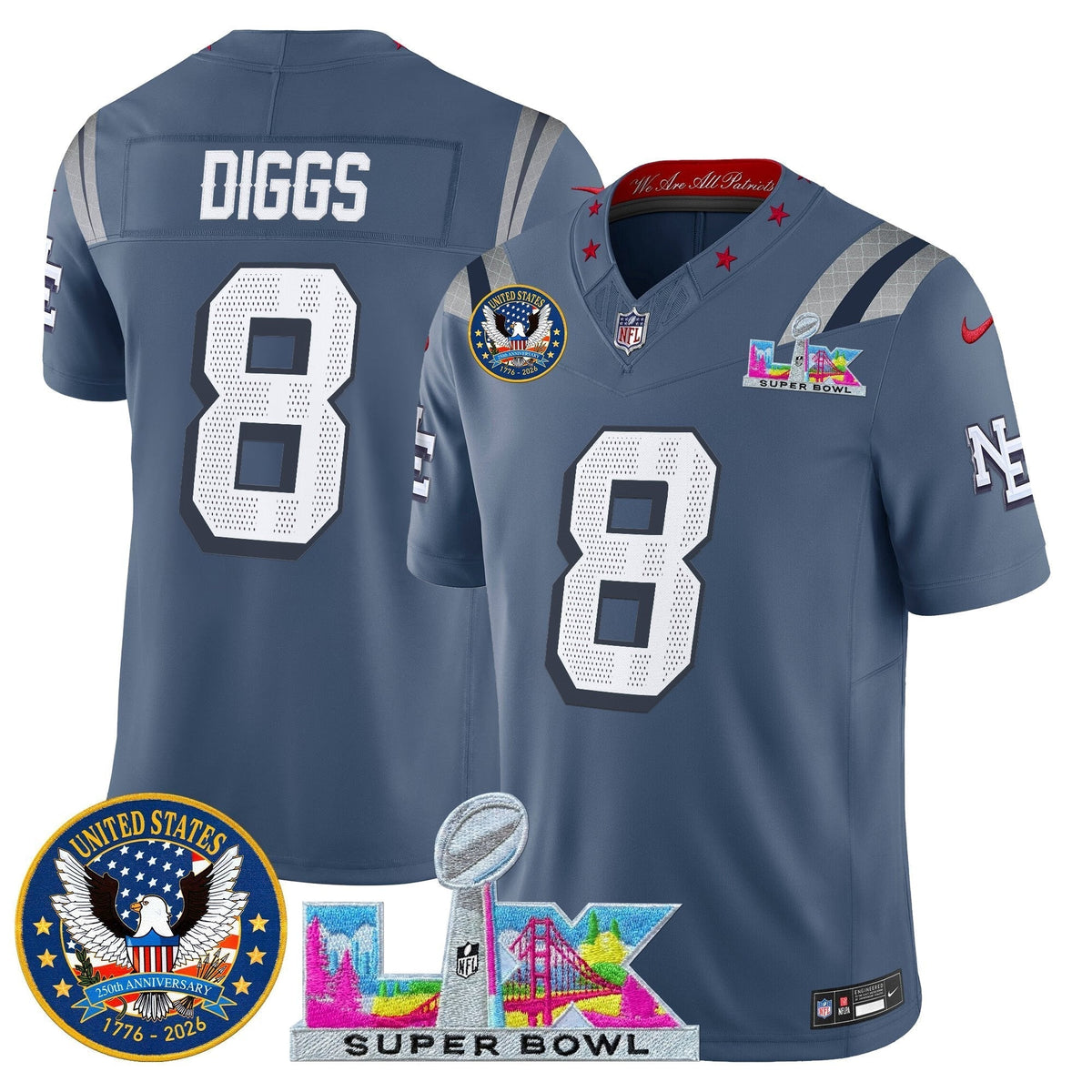 Men's New England Patriots "Super Bowl LX & United States 250th Patch" Vapor Limited Jersey - All Stitched