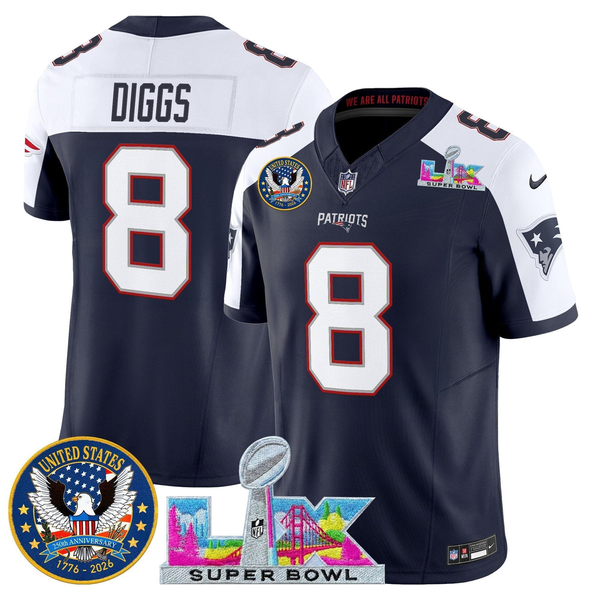 Men's New England Patriots "Super Bowl LX & United States 250th Patch" Vapor Limited Jersey - All Stitched