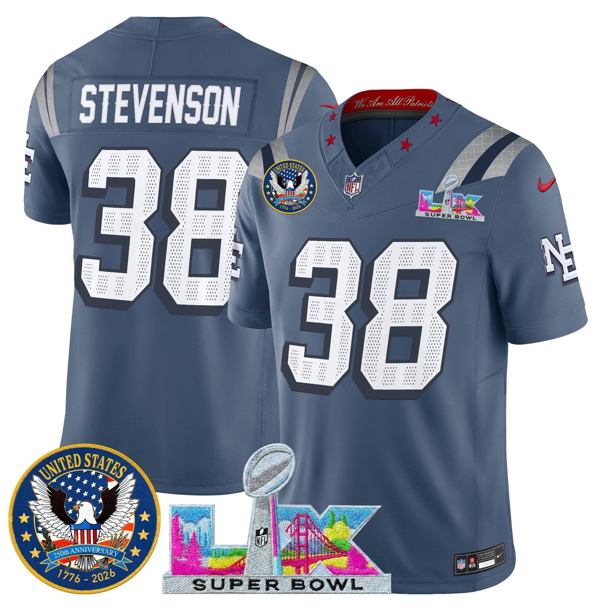 Men's New England Patriots "Super Bowl LX & United States 250th Patch" Vapor Limited Jersey - All Stitched