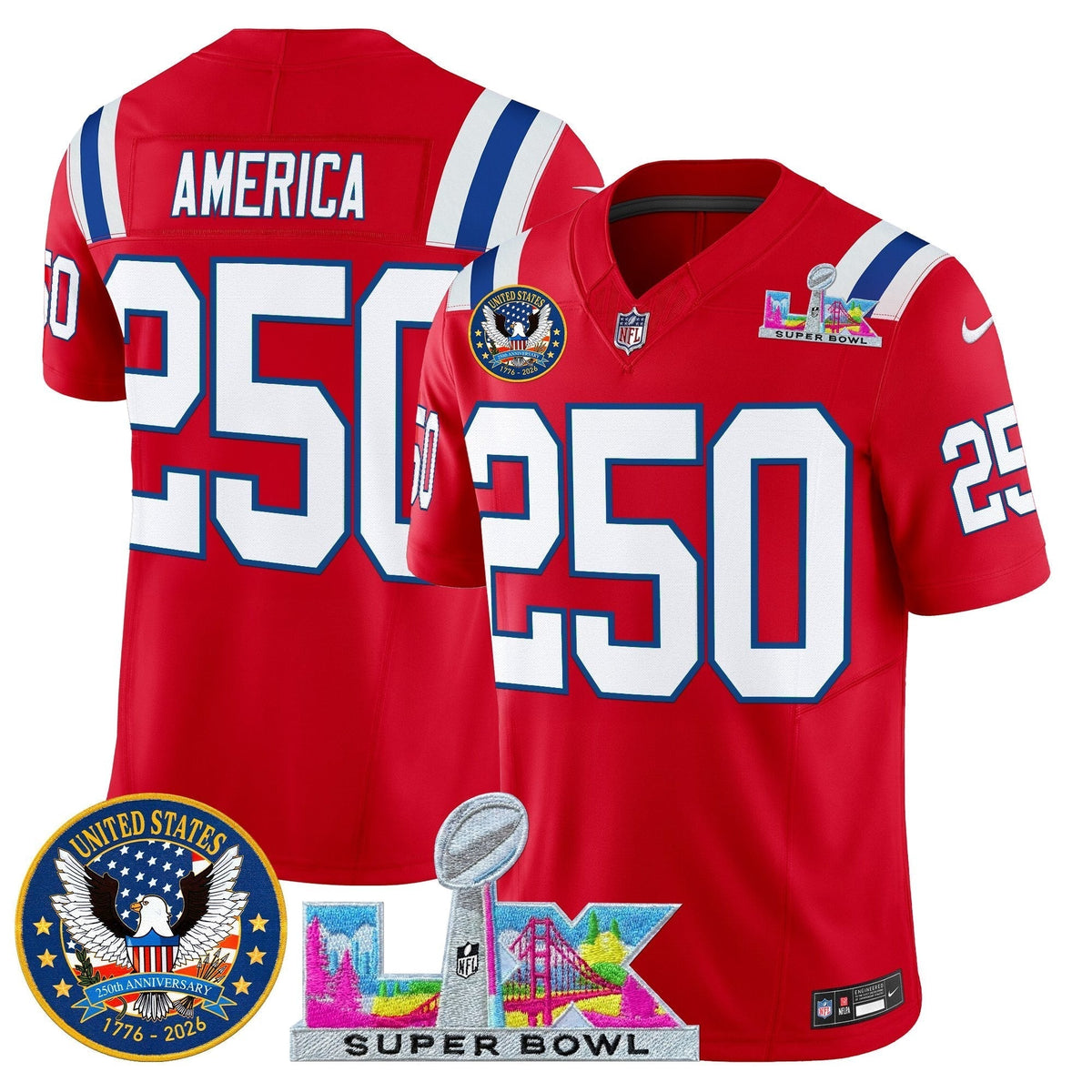 Men's New England Patriots "Super Bowl LX & United States 250th Patch" Vapor Limited Jersey - All Stitched