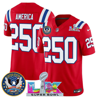 Men's New England Patriots "Super Bowl LX & United States 250th Patch" Vapor Limited Jersey - All Stitched