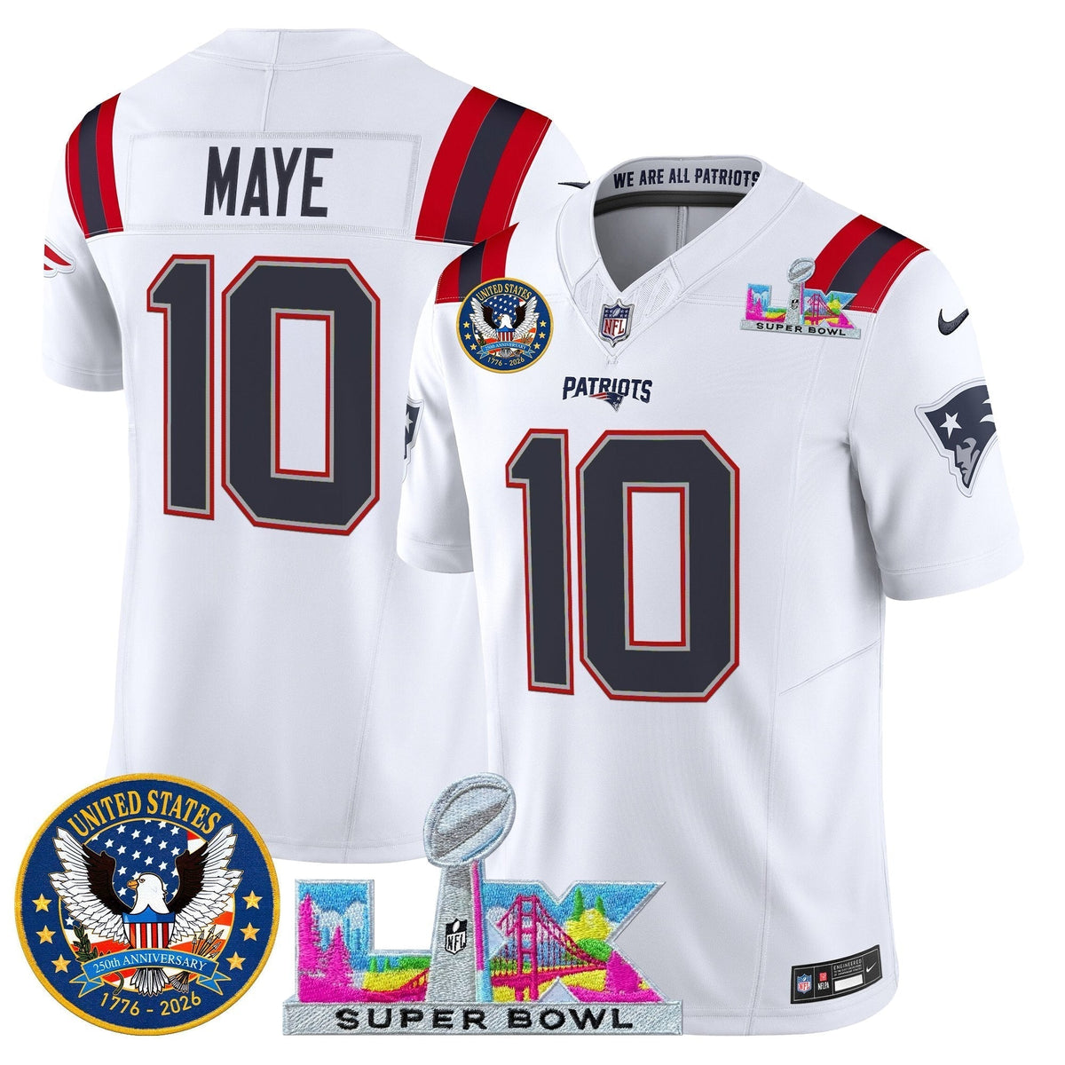Men's New England Patriots "Super Bowl LX & United States 250th Patch" Vapor Limited Jersey - All Stitched