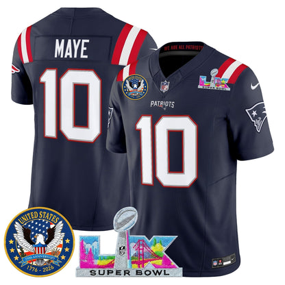 Men's New England Patriots "Super Bowl LX & United States 250th Patch" Vapor Limited Jersey - All Stitched